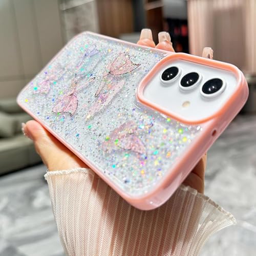 Image of VONZEE for Samsung Galaxy S25 Plus 5G Clear Glitter Butterfly Case, Cute Bling Sparkle Shiny Soft Silicone TPU Bumper Shockproof Women Girls Slim Protective Phone Cover for Galaxy S25 Plus 5G, Pink