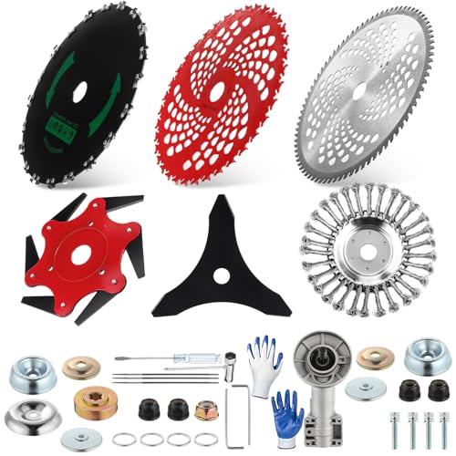 Duraaamo 7 Pcs Brush Cutter Kit Include 9" x 36T Carbide Tipped Blades, 9" x 20T, 10" x 3T and 10" x 80T Blades with Adapter Kit, 8 Inch Steel Wire Rotary Head and Trimmer Head Replacement