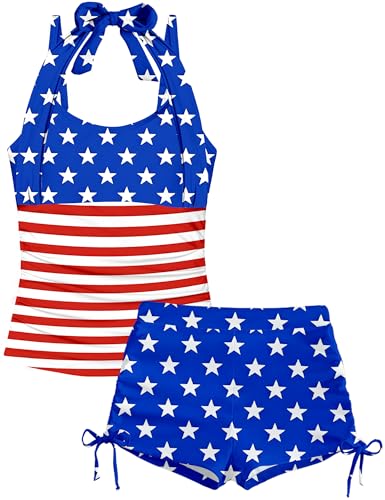 Image of Girls Swimsuit 2 Piece Halterneck Girls Tankini Swimsuit Drawstring Printed Swim Shorts Girl Bathing Suit for 7-18T