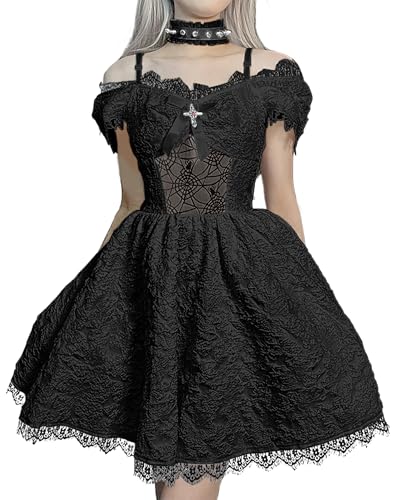 DINGJIUYAN Gothic A-Linie Plissee Swing Kleid Damen Sommer Lolita Neckholder Slip Kleider Y2K Retro Halloween Party Kleider, 5-schwarz, S