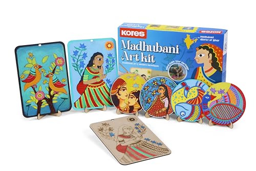 Image of Kores Madhubani Art Kit for Kids (8-18 Years) | Traditional Indian Folk Art DIY Kit | Paint 4 Coasters & 2 Wall Hangers | 40+ Elements | Creative Craft Set