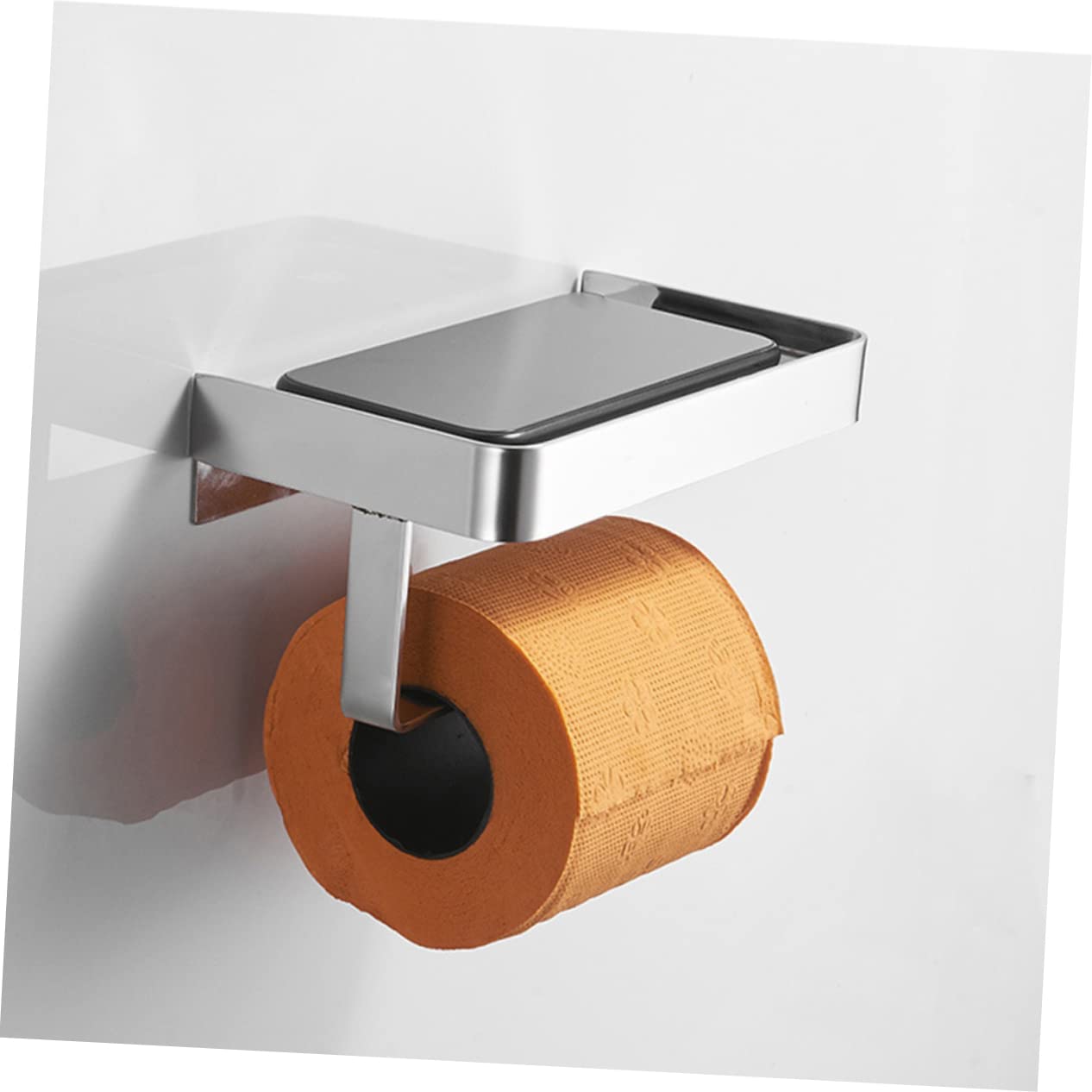 Portarrollos con Instalación Adhesiva de Papel Higiénico de Acero Inoxidable con Estante para Teléfono y Diseño de Bordes hacia Arriba en Color Plata para Baños y Aseos