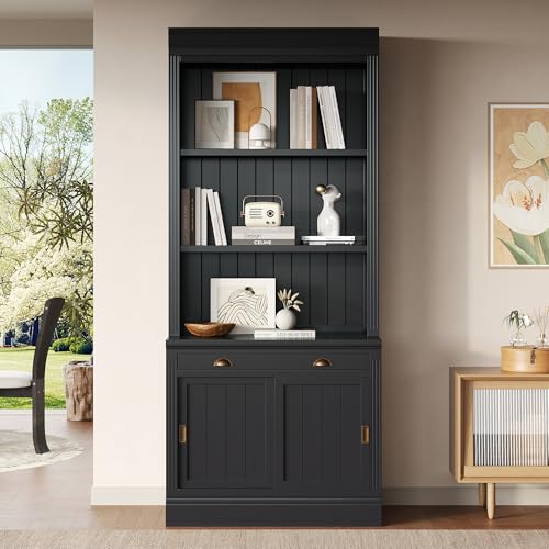 THINK 30 83.4" Tall Bookshelf, Modern Black Bookcase with Sliding Doors and Open Shelves,Storage Bookshelf with Cabinet for Living Room,Home Office (Black Without LED)