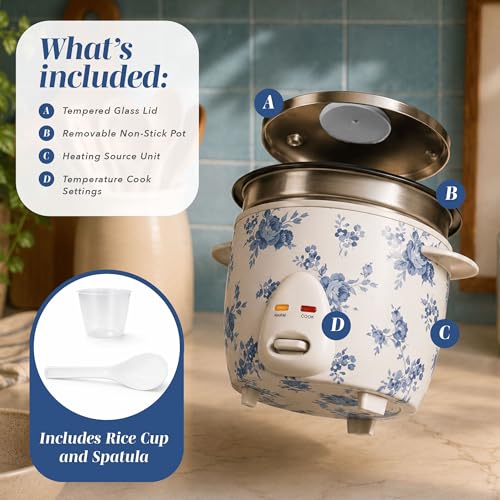 Image of COOK WITH COLOR 6 Cup Rice Cooker 300W - Effortless Cooking and Perfectly, Cooks 3 Cups of Raw Rice for 6 Cups of Cooked Rice, Floral Blue
