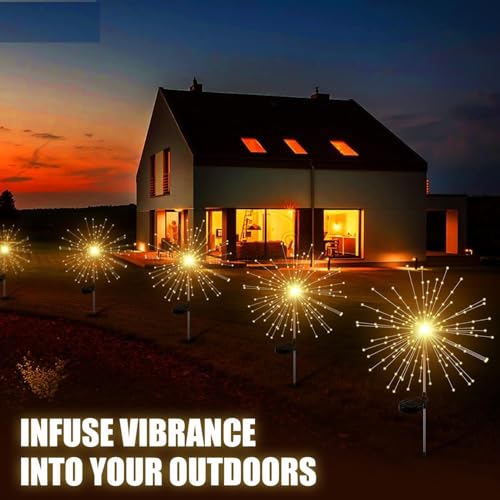 Image of GIGALUMI Outdoor 90 LEDs Solar Firework Light 2 Lightning Modes Starburst Design Water Resistant Garden StringLights for Party Decor Patio Lawn Yard (Warm Yellow, Pack of 1)