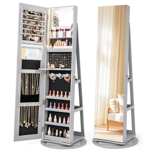 RELAX4LIFE Armoire à Bijoux Pivotante à 360º avec Miroir Pleine Longueur, Miroir Bijoux sur pied avec Rangement, Éclairage LED, 3 Étagères pour Bagues...