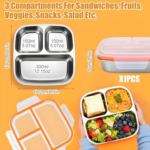 Image of Motka 304 Stainless Steel Lunch Box 600ml with 3 Compartments, Leakproof Bento Tiffin Box with Sealed Lid and 4 Lock Clips for School, Office, Kids, Adults, Travel and Daily Meals-Black Lid