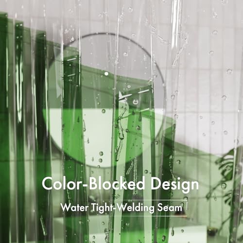 Image of AmazerBath Color Block Shower Curtain Liner, 100% EVA Soft Shower Liner - 72 x 72 Inches Heavy Duty Shower Curtain and Liner 2-in-1 with 3 Clear Stones and 12 Brass Grommets - Clear & Pine Green