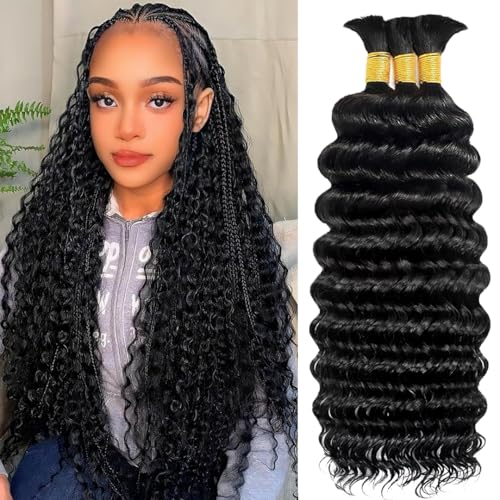 Human Braiding Hair Boho Hair for Braiding 120g 18 Inch Curly Human Hair 12A Deep Wave Bulk for Bohemian Knotless Braids No Weft Natural Color