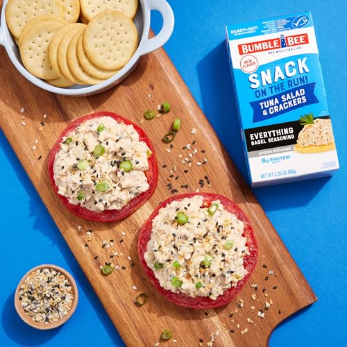Image of Bumble Bee Snack On The Run! Everything Bagel Tuna Salad Kit (Pack of 12) | Ready to Eat Easy-Open Canned Tuna Salad with Crackers Snack Pack, 8g Protein per Box, Wild Caught MSC Certified Tuna