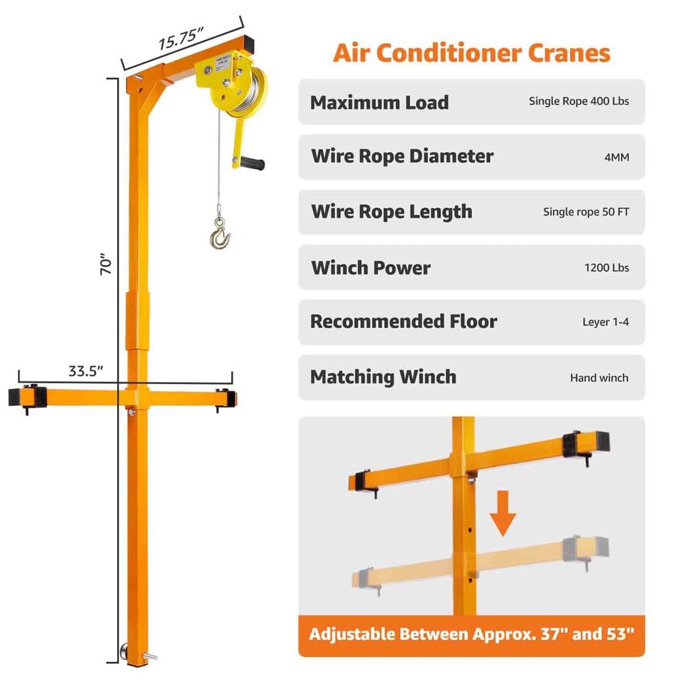 Hebewerkzeug für die Installation von Klimaanlagen – 150 kg Kapazität, 30 m Komplettset, und Handwinde, Abnehmbar und tragbar, Robustes orangefarbenes Design,001,3ph 150kg 15m
