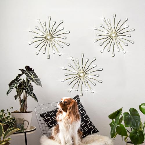 Gold metal jeweled wall art 3-set starburst decor