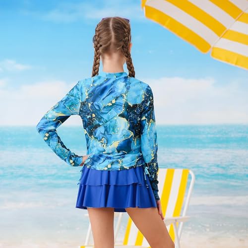 Image of Vogseek 3-12T Girls Rash Guard 2 Pieces Bathing Suit Long Sleeve Swimsuit Swimming Skirt with Shorts Swimwear