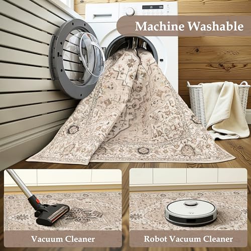 Winslssol 2x3 Washable Vintage Rug: Stain Resistant Small Carpet for Bathroom Entryway Non-Slip Backing Rugs for Bedroom Ultra Soft Low Pile Front Door Mat for Kitchen Dining Room 2x3 Beige — view 4