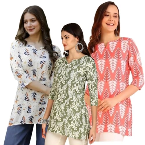 Image of Women's Printed Short Kurti Tops Rayon Cotton Blend Tunic Combo