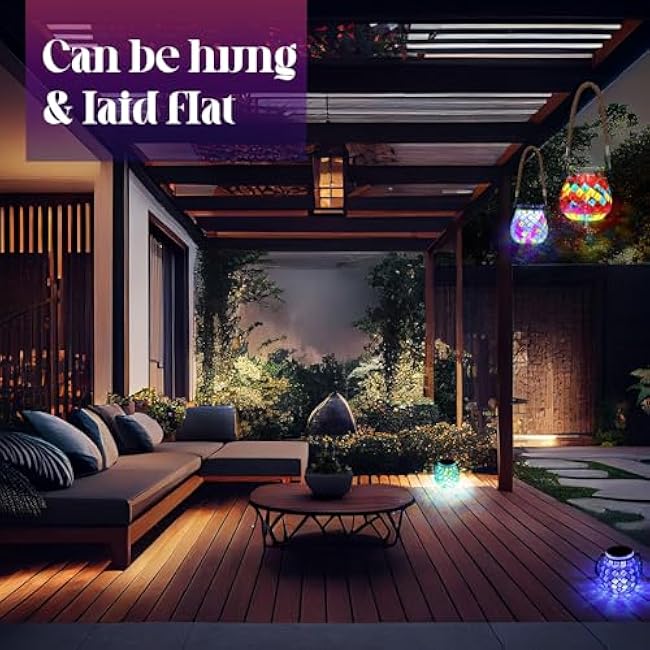 4 Pack Mosaic Solar Lights Outdoor Hanging Lanterns Waterproof Mosaic Lamp Decorative Solar Lanterns Night Lights for Garden, Patio, Yard, Holiday Party Outdoor Indoor Decoration