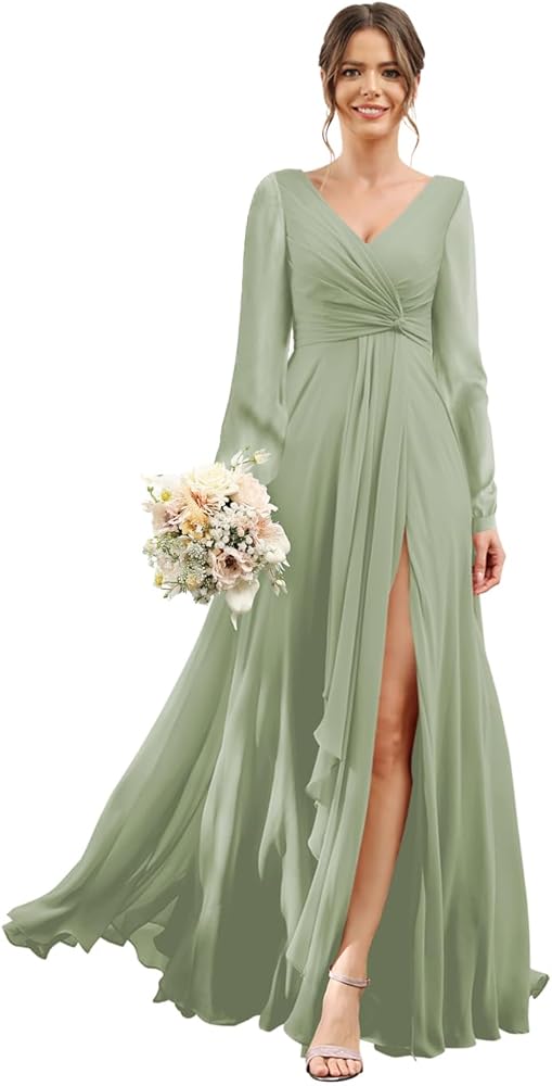 chinese dress ladies Chiffon Bridesmaid Dresses 2024 for Women with Slit V Neck Long Sleeve  Flowy Formal Dresses with Pockets RO001, Sage Green, 20 Plus :  Amazon.co.uk: Fashion