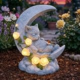 Festive Lights 19cm Gedenkstein mit solarbetriebener LED Beleuchtung Halbmond mit Katze Grabdekoration Wetterfest Grabstein Katze Grablicht Solar Gedenkstein Erinnerung (Katze mit Mond)