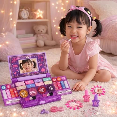 Kit Maquiagem Infantil com Espelho – Estojo Completo Dobrável Multicolorido com Sombras, Brilho Labial, Esmaltes e Acessórios | Brinquedo Educativo para Meninas | Presente Criativo