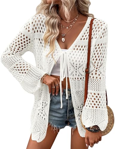 Women's Crochet Cardigan Light Weight Long Sleeve Tie Front Hollow Out Thin Cardigan