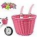 Boyigog Fahrradkorb Geflochten, Fahrradkorb Kinder mit 12 Stück Speichen Clip Sterne und Abnehmbar Lederriemen Vorderradkorb für Mädchen und Kinder DIY Lenkerkorb Mädchen Geschenk Set (Rosa)