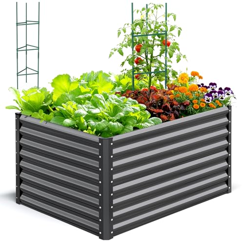 Image of Quictent Galvanized Raised Garden Bed 4x3x2ft Tall Garden Bed Extra Height 22.4 inch Hold 24cft Soil Outdoor Heightened Planter Box for Deep Root Vegetables Herbs Tomato Cage Included, Dark Grey