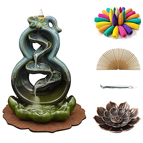 Incense Waterfall Burner Ceramic Backflow Incense Cone Holder, with 140 Incense Cones & 50 Incense Stick & 1 Mat & 1 Tweezers, Aromatherapy Ornament Home Decor for Home Office Yoga