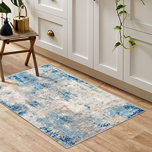 Lahome Modern Abstract Area Rug - 2X3 Washable Small Front Door Rug For Entryway Mat Contemporary Faux Wool Non-Slip Soft Floor Indoor Carpet For Living Room Kitchen Bathroom Rv,Blue/Yellow/Ivory #TOP7