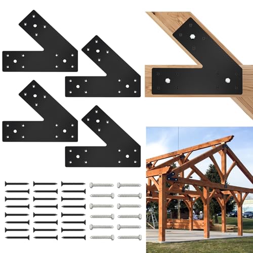 VoTwoofv 45-Degree Pergola Brackets 10" x 3",Slant Joining Brackets for 4 x 4 or 6 x 6 Lumber,Heavy Duty Mending Plate for Gazebo,Porch,Truss Framing,Log Cabins - 4Pack