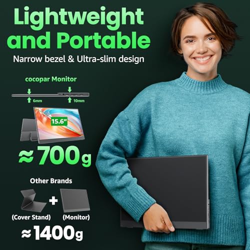 Image of cocopar Portable Monitor IPS Travel Monitor with USB-C HDMI Portable Screen for Laptop MacBook Surface PC PS4 /5 External Display with Kickstand, VESA Mountable, 15.6 Inch