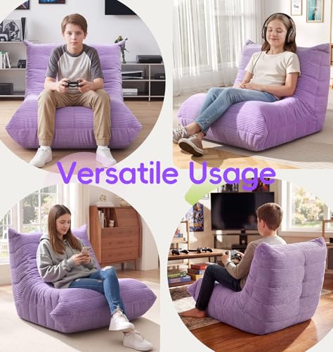 Image of Hobestluk Medium Bean Bag Chair Faux Fur Fabric BeanBag Couch for Playroom | Purple Corduroy,Ergonomic Design,Memory Foam,Strong Supportive,No Assembly Required,DecorativeStyle for Living Room Bedroom