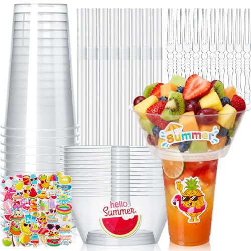 Jingmore 30 Sets Summer Snack and Drink Cup Set Combo with DIY Stickers 2 in 1 Disposable Plastic Cup with Snack Bowl on Top and Straw for Summer Pool Party BBQ Beach Stadium and Movie Night