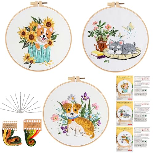 Image of GLTAYLMY Dogs Embroidery Kit for Beginners with Pattern and Instructions,3 Pack Cross Stitch Kits,1 Plastic Embroidery Hoops,Threads and Needles,Needlepoint Kit for Adults