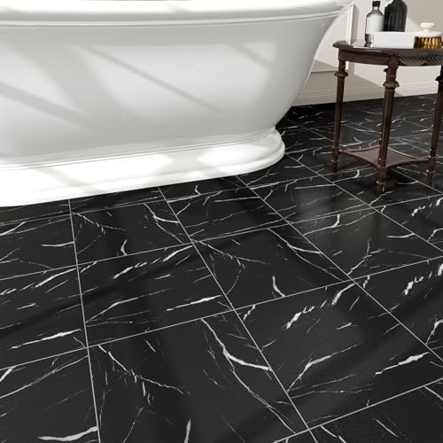 20-Pack Peel and Stick Floor Tiles Vinyl Floor 12 x 12 inch Self Adhesive Waterproof Flooring Planks DIY for Bathroom, Kitchen, Living Room, RV, Cover 20 Sq. Ft, Black Vein Marble