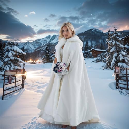 Women Wedding Cloak Shawl:Wedding Cape,Faux Fur Coat Hooded Cloak,White Faux Fur Jacket Bridal Coats Wraps4