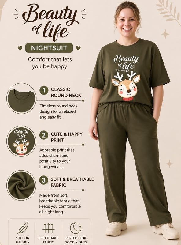 Image of My Swag Womens Cotton Printed Nightsuit Set |T-Shirt & Pajama Pants | Soft Breathable Sleepwear and Loungewear for Women