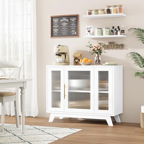 Image of 36 inch Sideboard Buffet Cabinet with Storage, Contemporary Farmhouse Kitchen Sideboard with Glass Doors & Adjustable Shelves for Dining Room & Living Room