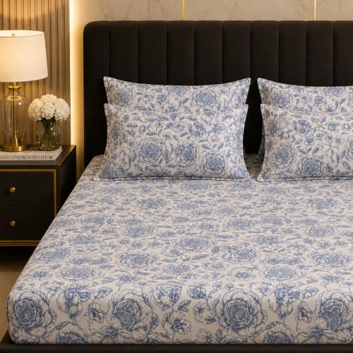 Image of THEA Double Bedsheet Set| 100% Cotton Like Soft Fabric | Microfiber Double Bedsheet for Double Bed (90 X 100 inches) with 2 Pillow covers,Bluebell Garden