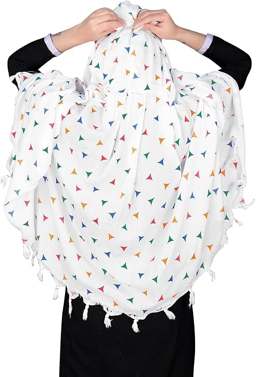 Image of Cotton Long Scarf Cum Mask Scarves Usable for Vehicle Driver | White Printed Design Fabric | Universal Size | Soft & Breathable Sun Protection | For Girl & Women