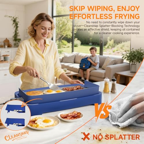 Image of Cleansnap Everyday Electric Griddle,The Ultimate Gift for Family Feasts - 20 inch Nonstick Grill with Foldable Anti-Mess Shield, Rapid 1700W Heat&PPG Ceramic Coating, Dishwasher Safe, Ocean Blue