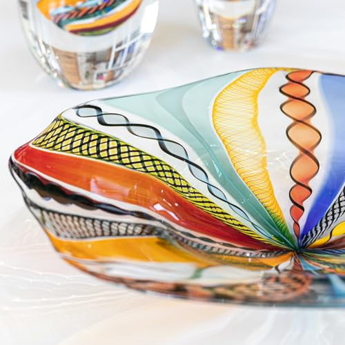 Ca D Oro Centerpiece Large Bowl Boho with Colored Canes Hand Blown Murano-Style Art Glass for Decor and Centerpieces - Center G