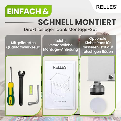 RELLES Untergestell mit Schublade und Ablage, 500 kg Tragkraft, Unterbau aus Stahl, 62x62x57,5 cm (LxBxH), Podest für Waschmaschine und Trockner, Unter Schrank Erhöhung, Höhenverstellbare Füße