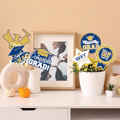Image of 2026 Graduation Party Decorations - 24 Pcs Class of 2026 Congrats Grad Table Centerpieces Graduation Table Decorations Sticks Table Toppers for Graduation Party (Blue Gold)