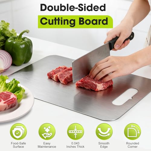 Tabla de Cortar de Acero Inoxidable - Juego de 3 Piezas (Mediana, Grande y Extra Grande), Tablas Dobles para Carnes, Verduras y Frutas, Aptas para Lavavajillas miniatura 2
