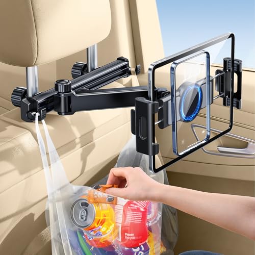 HIYJEN 3 in 1 Extension Arm Tablet Holder for Car Headrest with Magnetic Phone Mount Compatible with Magsafe, Adjustable iPad Holder for Car Backseat Rear Facing for Kids Baby, Fit for 4.7
