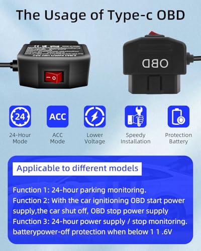 YANBORONSN Kabel zasilający OBD do kamery Dash Camera, OBD2 do 90 stopni, adapter USB C, kabel do ładowania z przełącznikiem, przyciskiem, 24 godziny monitorowania i tryb Acc 2 12-24 V do 5 V/3 A