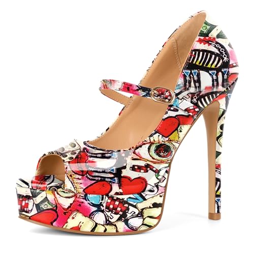 Image of SAMMITOP Women's Peep Toe High Heels Platform Stiletto Pumps Patent Mary Jane Heels 5.5 inch Party Wedding Dress Shoes