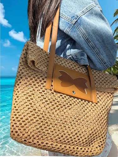 Image of Straw Beach Bag for Women, Large Tote Buckets Straw Purses Mesh Beach Handbag Shoulder Bags, Retro Women Clutch