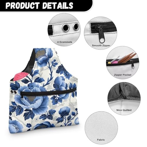 Image of Blue Floral Yarn Storage Bag for Crocheting Lightweight Knitting Bags and Totes Holding Yarn Crochet Hook Needles,Large