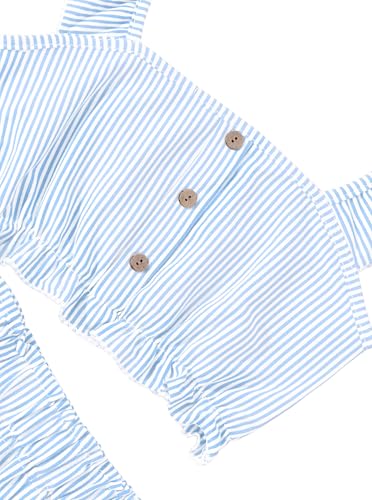 Image of Girl's Summer Clothing Sets Knit Ruffle Striped T-Shirt and Shorts 2 Piece Outfits